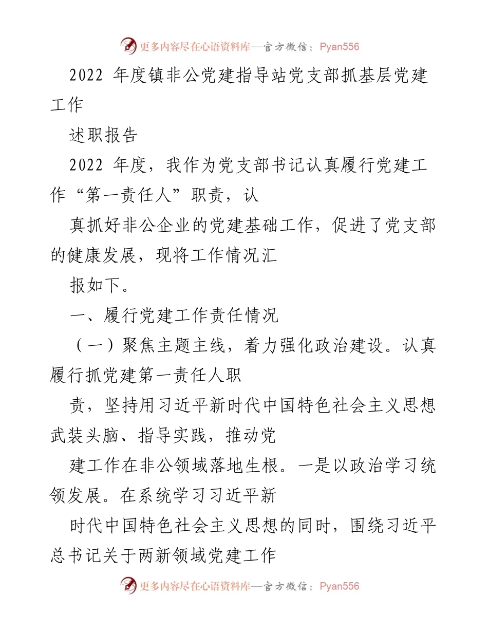[述职报告] 镇非公党建指导站 - 2022年度非公企业党建工作述职总结.docx_第1页