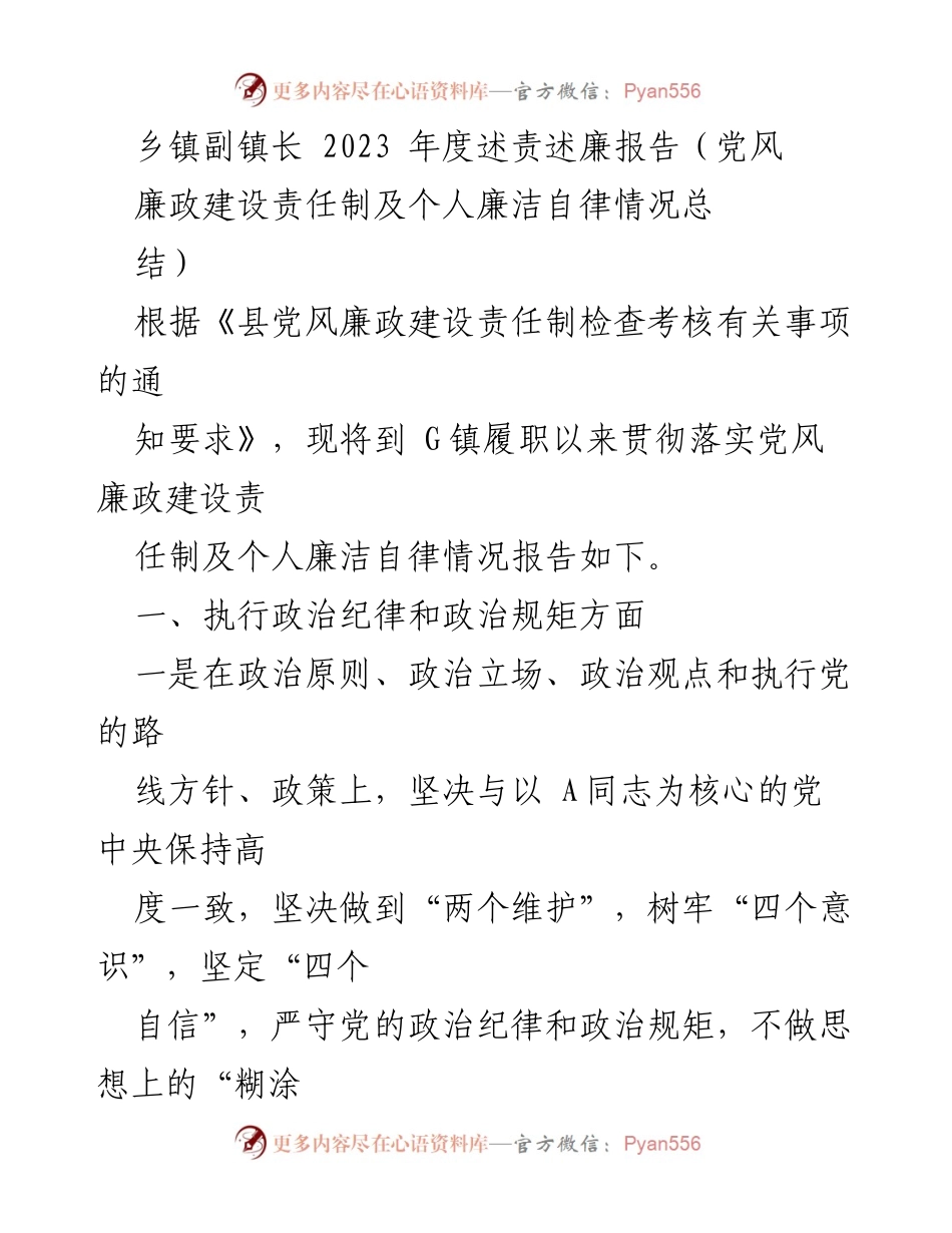 [述责述廉报告] 乡镇副镇长 - 2023年度党风廉政建设与个人廉洁自律总结.docx_第1页