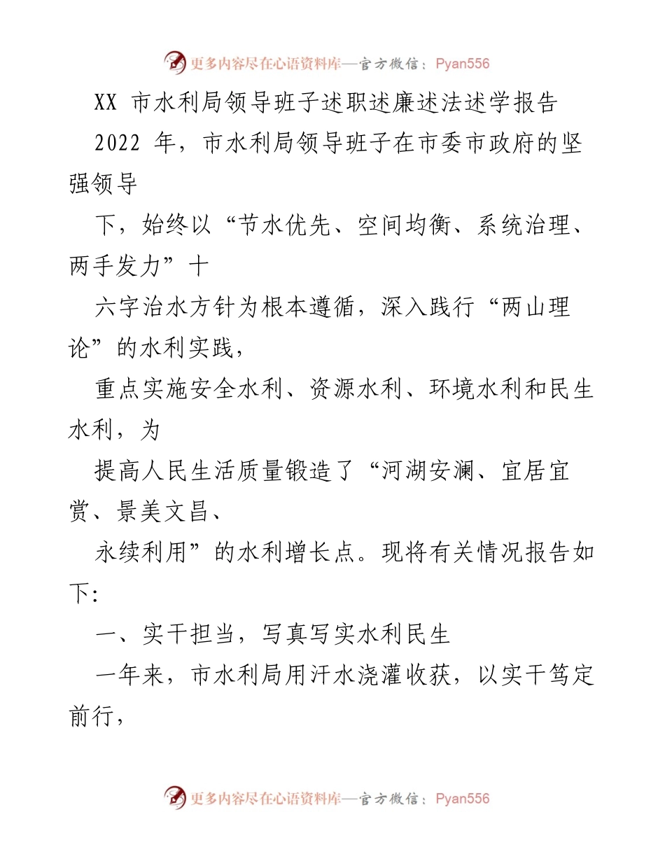 [述职报告] 水利局领导班子 - 2022年市水利局领导班子工作总结与成效报告.docx_第1页