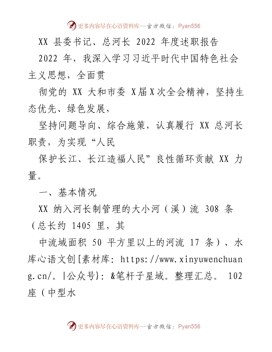 [述职报告] 述职会议 - XX 县总河长2022年度工作总结报告.docx_第1页