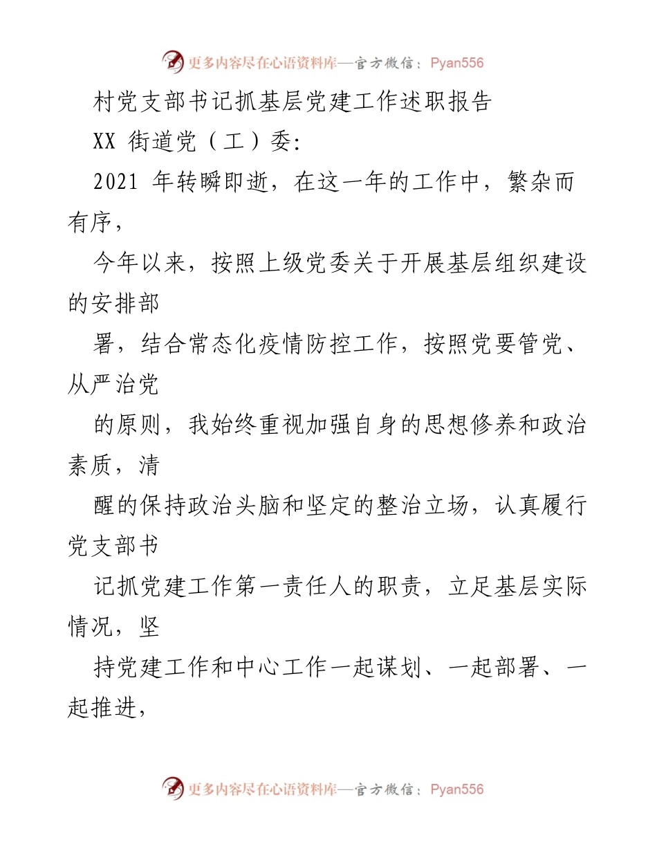 [述职报告] 村党支部 - 村党支部书记党建工作述职总结.docx_第1页