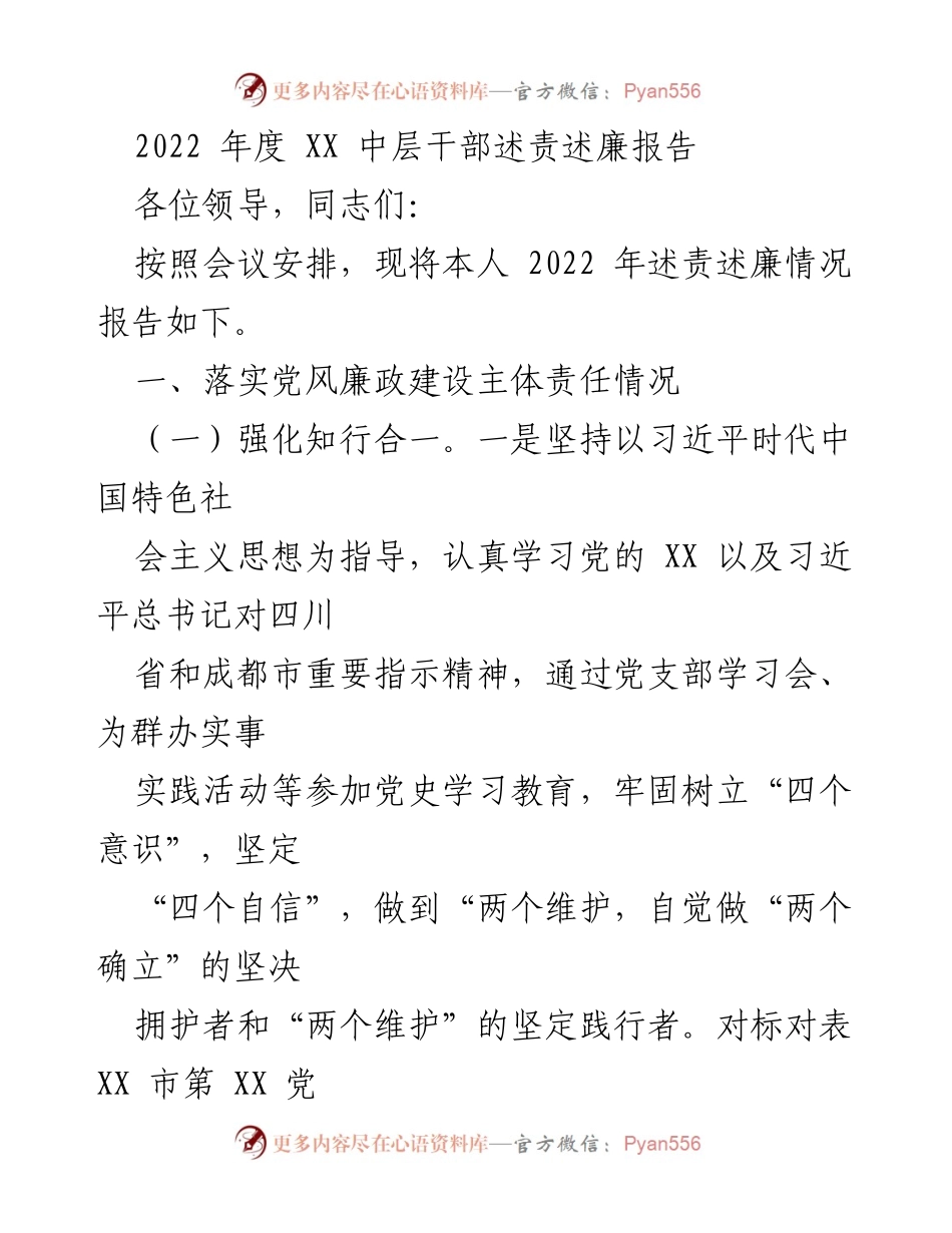 [述责述廉报告] 2022年度中层干部会议 - 2022年度中层干部述责述廉报告.docx_第1页