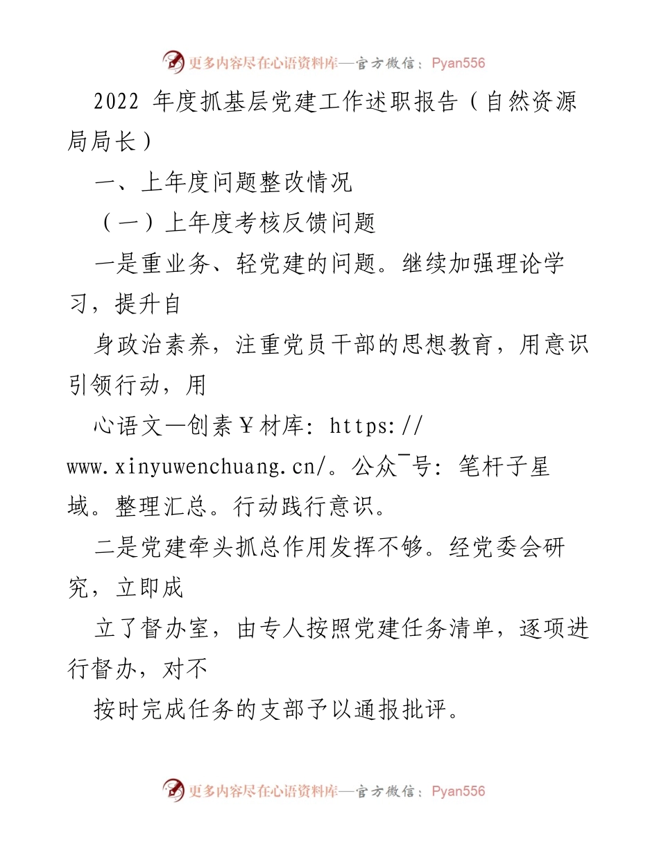 [述职报告] 自然资源局 - 2022年度基层党建工作述职报告总结.docx_第1页