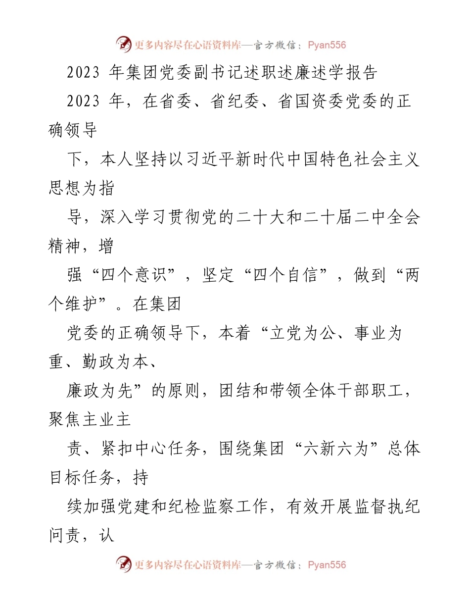 [述职报告] 集团党委会议 - 2023年党委副书记述职述廉述学报告.docx_第1页