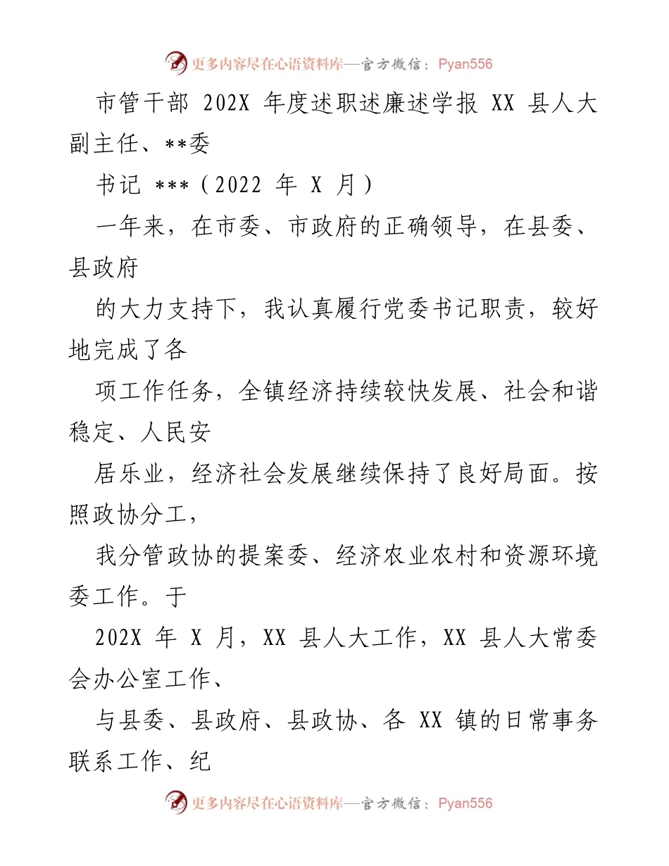 [述职报告] 年度述职 - XX县人大副主任述职述廉述学报告（202X年度）.docx_第1页
