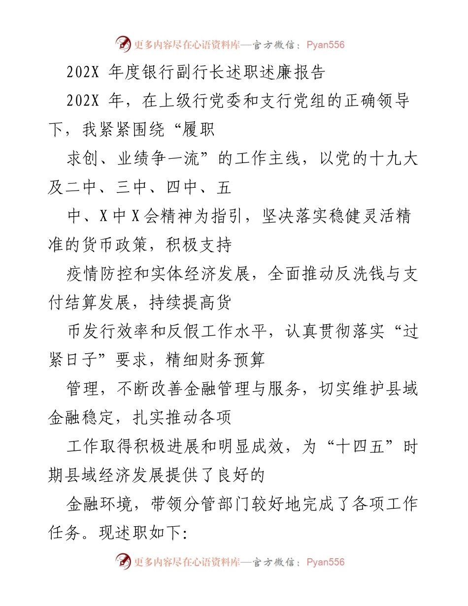 [述职报告] 银行年度工作总结 - 202X年度银行副行长述职述廉报告.docx_第1页