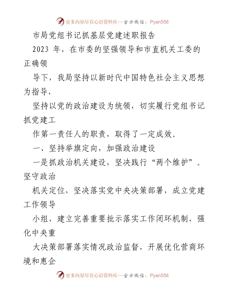 [述职报告] 市局党建工作 - 2023年市局党组书记抓基层党建述职报告.docx_第1页
