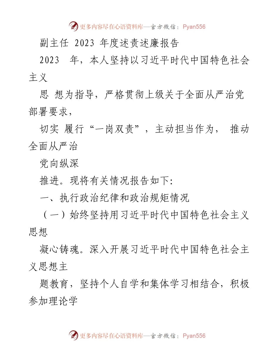 [述责述廉报告] 年度总结 - 2023年度副主任述责述廉报告.docx_第1页