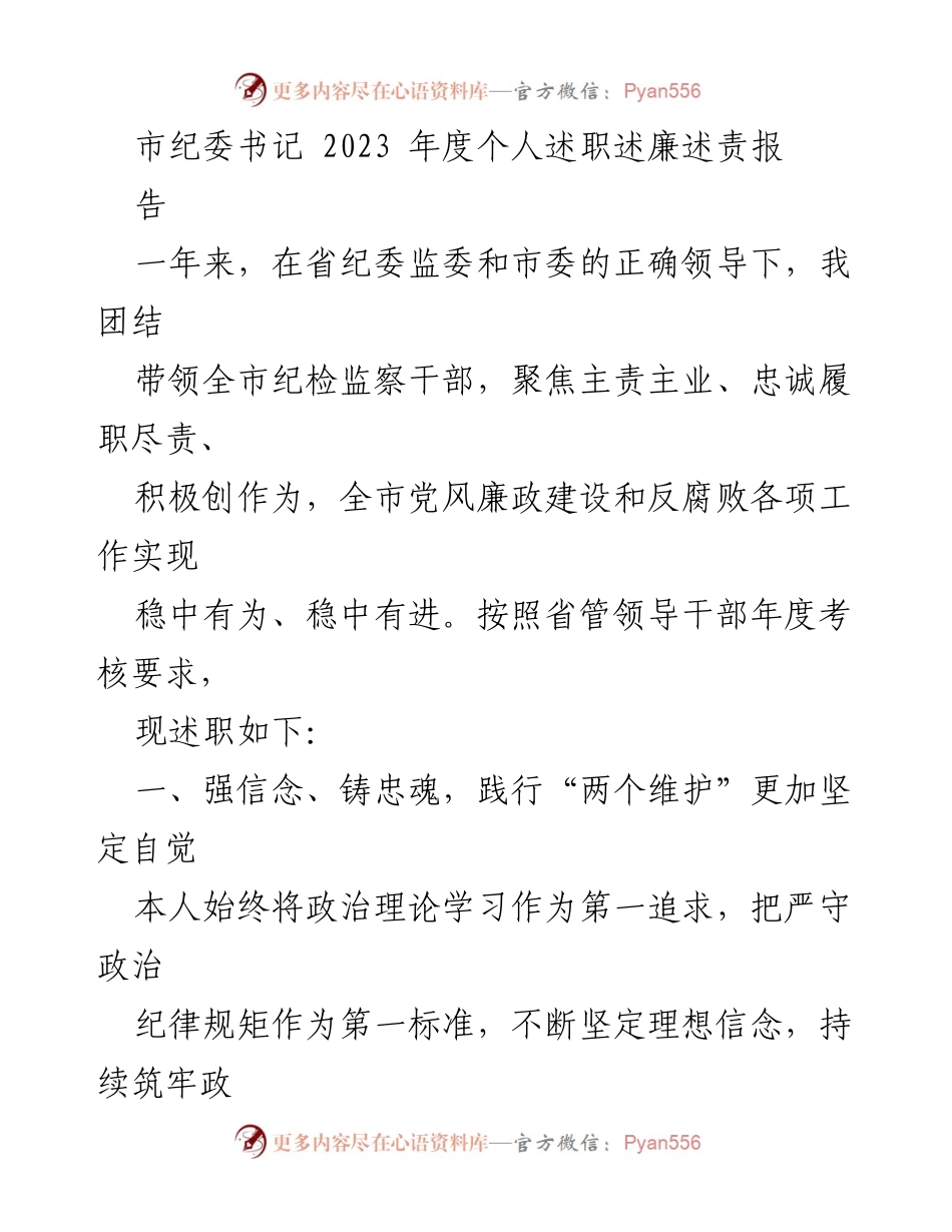 [述职报告] 纪委工作总结 - 2023年度市纪委书记个人述职述廉述责报告.docx_第1页