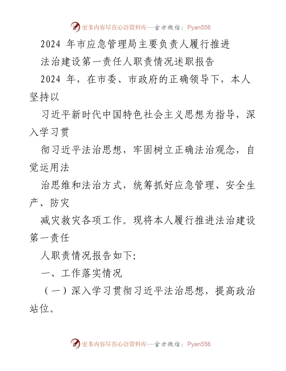 [述职报告] 应急管理局 - 2024年法治建设责任履行情况述职报告.docx_第1页