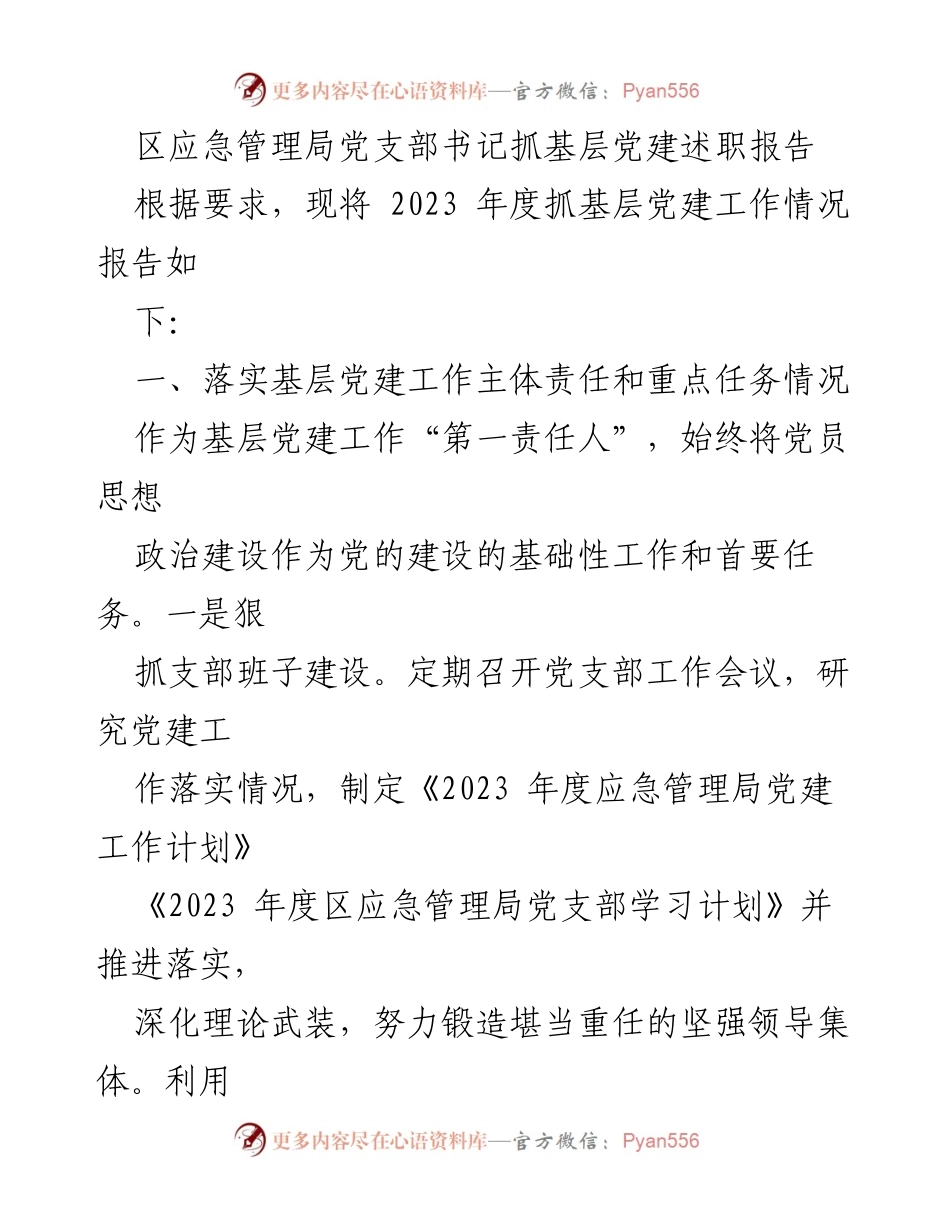 [述职报告] 基层党建 - 2023年度区应急管理局党支部书记抓基层党建工作述职报告.docx_第1页