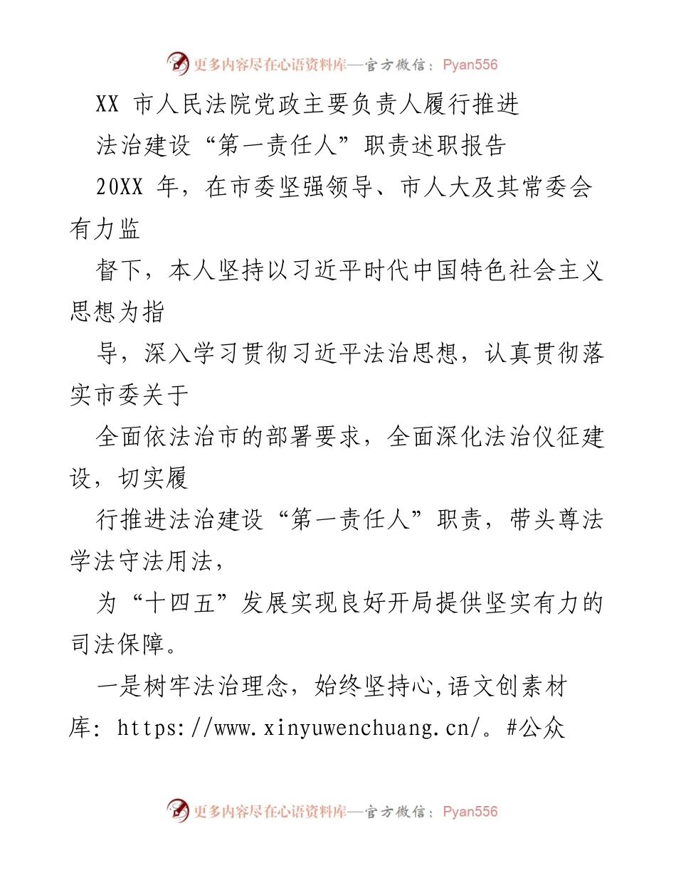 [述职报告] 法治建设 - XX市人民法院党政主要负责人履行法治建设职责述职报告.docx_第1页