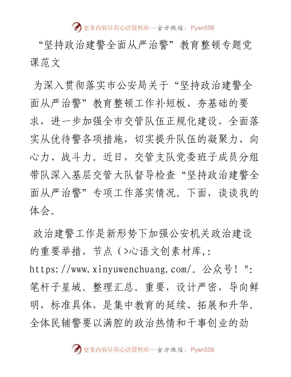 “坚持政治建警全面从严治警”教育整顿专题党课范文.docx_第1页