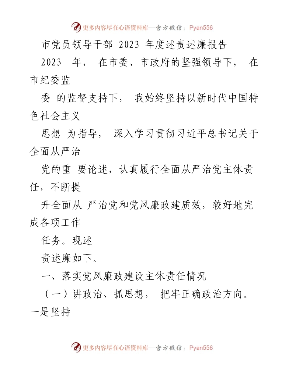 [述责述廉报告] 市党员领导干部年度总结 - 2023年度党员领导干部述责述廉报告.docx_第1页