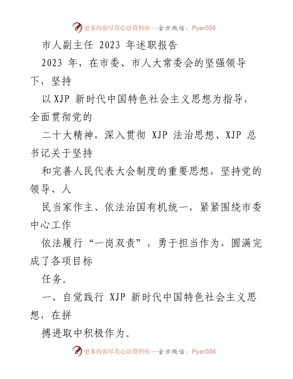 [述职报告] 市人副主任 - 2023年度述职总结与工作展望.docx_第1页