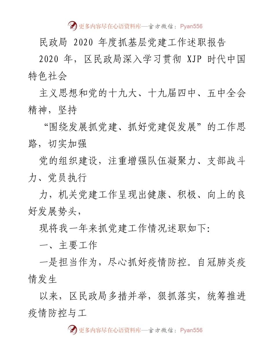 [述职报告] 民政局年度工作总结 - 2020年度民政局党建工作述职报告.docx_第1页