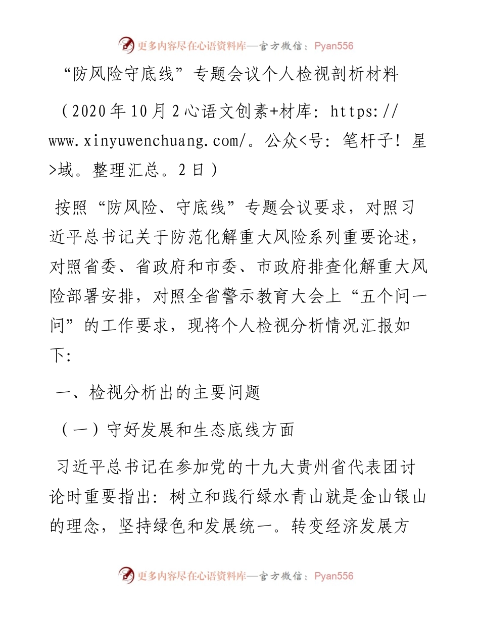 “防风险守底线”专题会议个人检视剖析材料.docx_第1页
