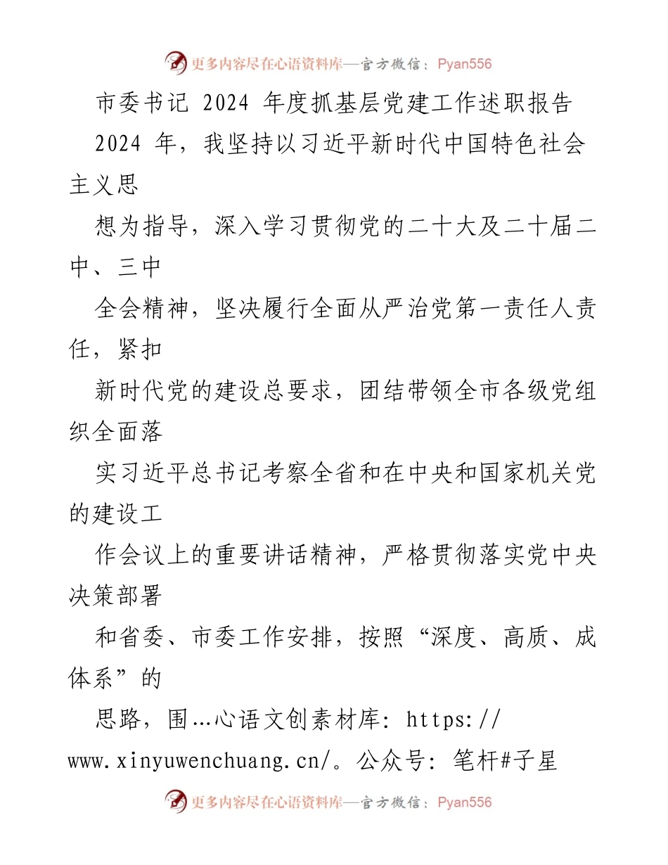 [述职报告] 市委书记年度述职 - 2024年度基层党建工作述职报告.docx_第1页