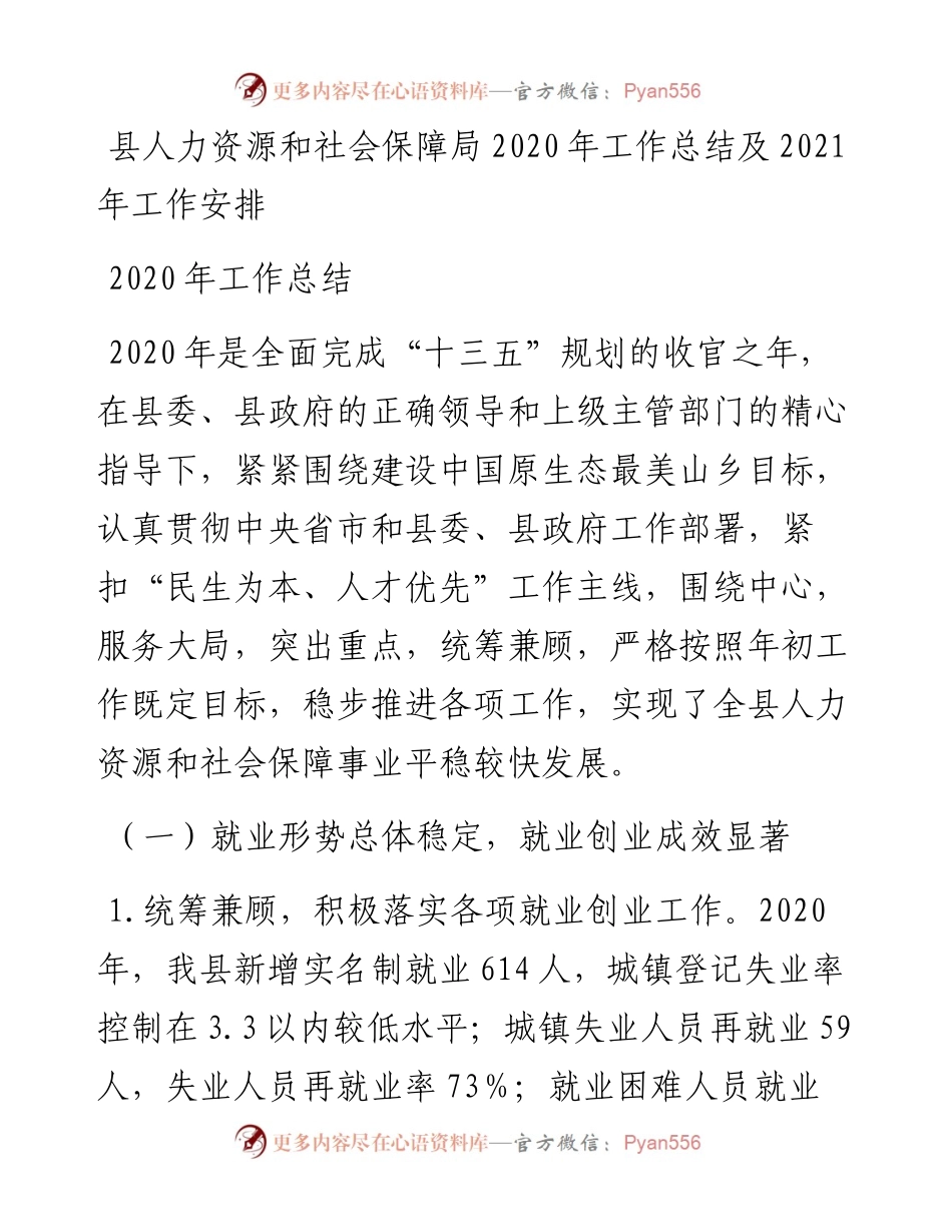 ~县人力资源和社会保障局工作总结及工作安排.docx_第1页
