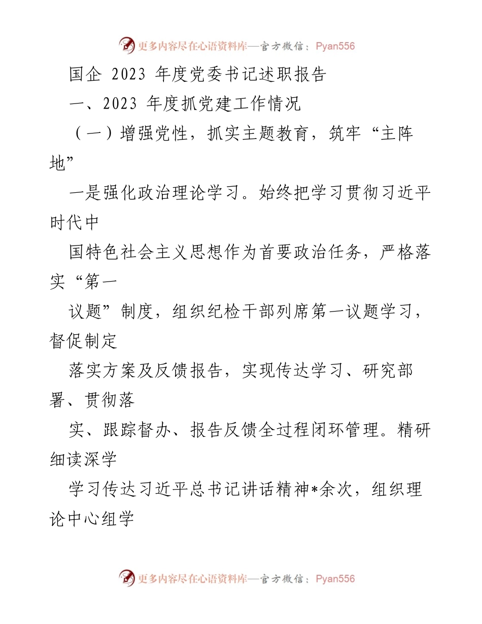 [述职报告] 国企年度总结 - 2023年度党委书记述职报告概述.docx_第1页