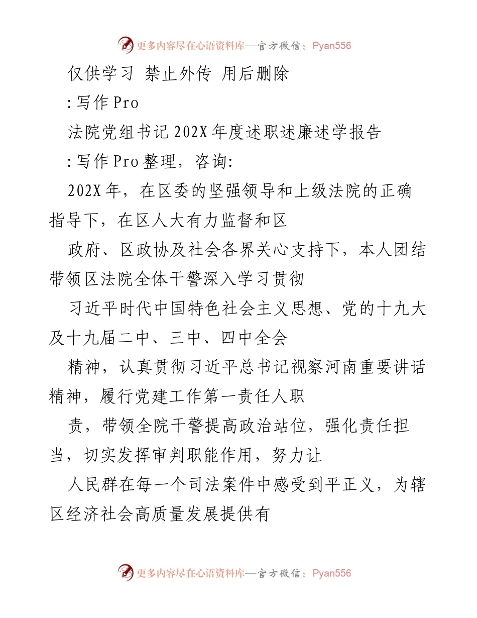 [述职报告] 法院年度总结 - 202X年度法院党组书记述职述廉述学报告.docx_第1页