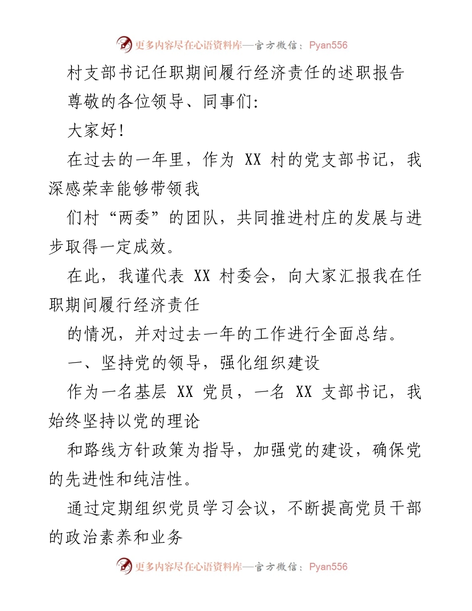 [述职报告] 村支部工作总结 - 村支部书记经济责任履行情况总结报告.docx_第1页