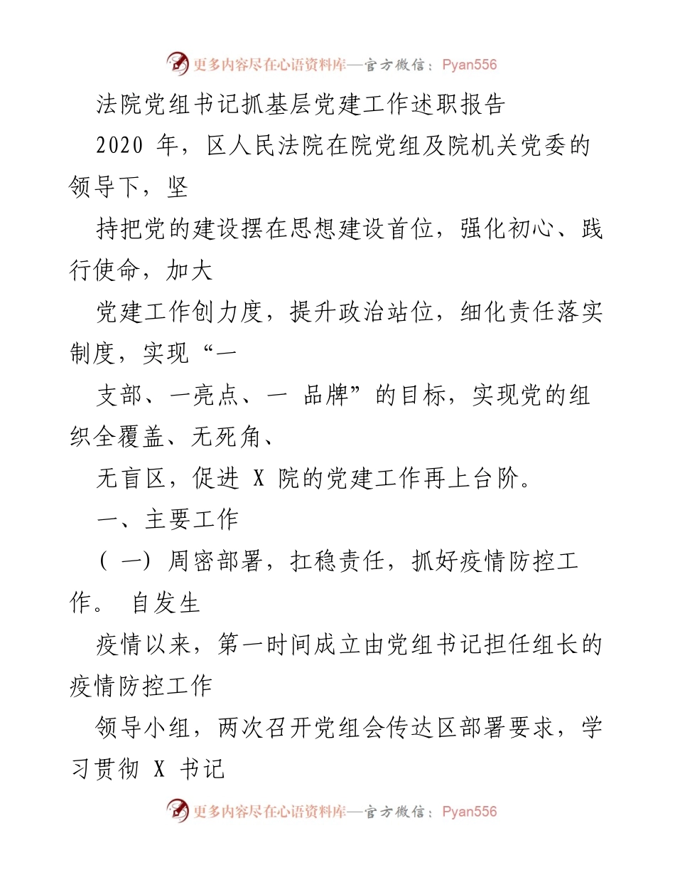 [述职报告] 法院党建工作 - 法院党组书记关于基层党建工作的述职总结.docx_第1页