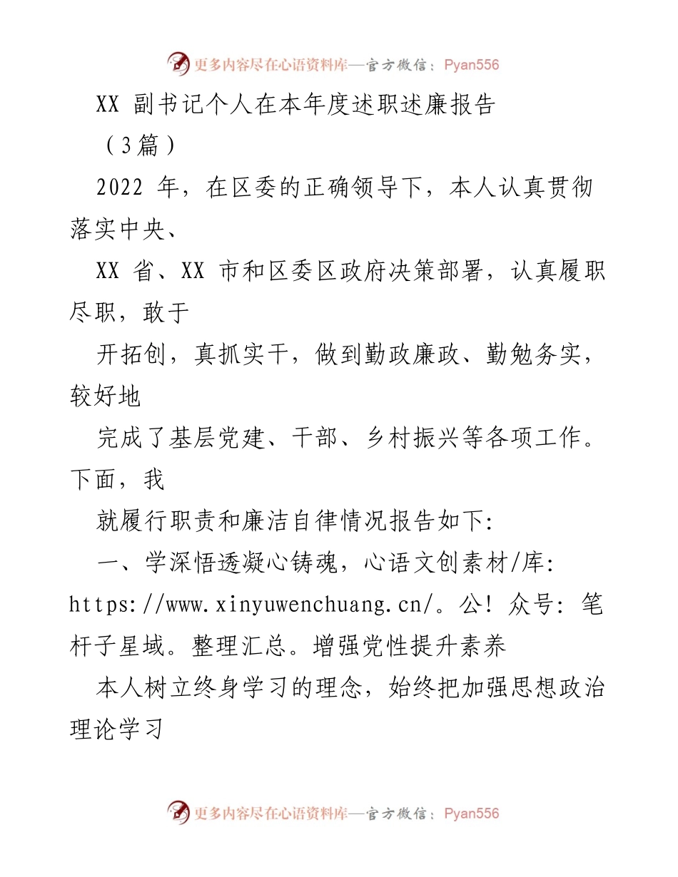 [述职报告] 年度工作总结 - XX 副书记2022年度述职述廉报告.docx_第1页