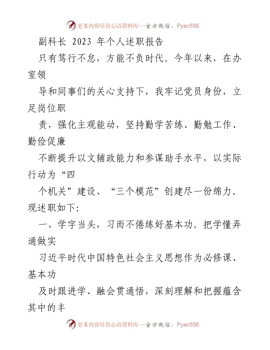 [述职报告] 年度总结 - 2023年副科长个人述职报告.docx_第1页