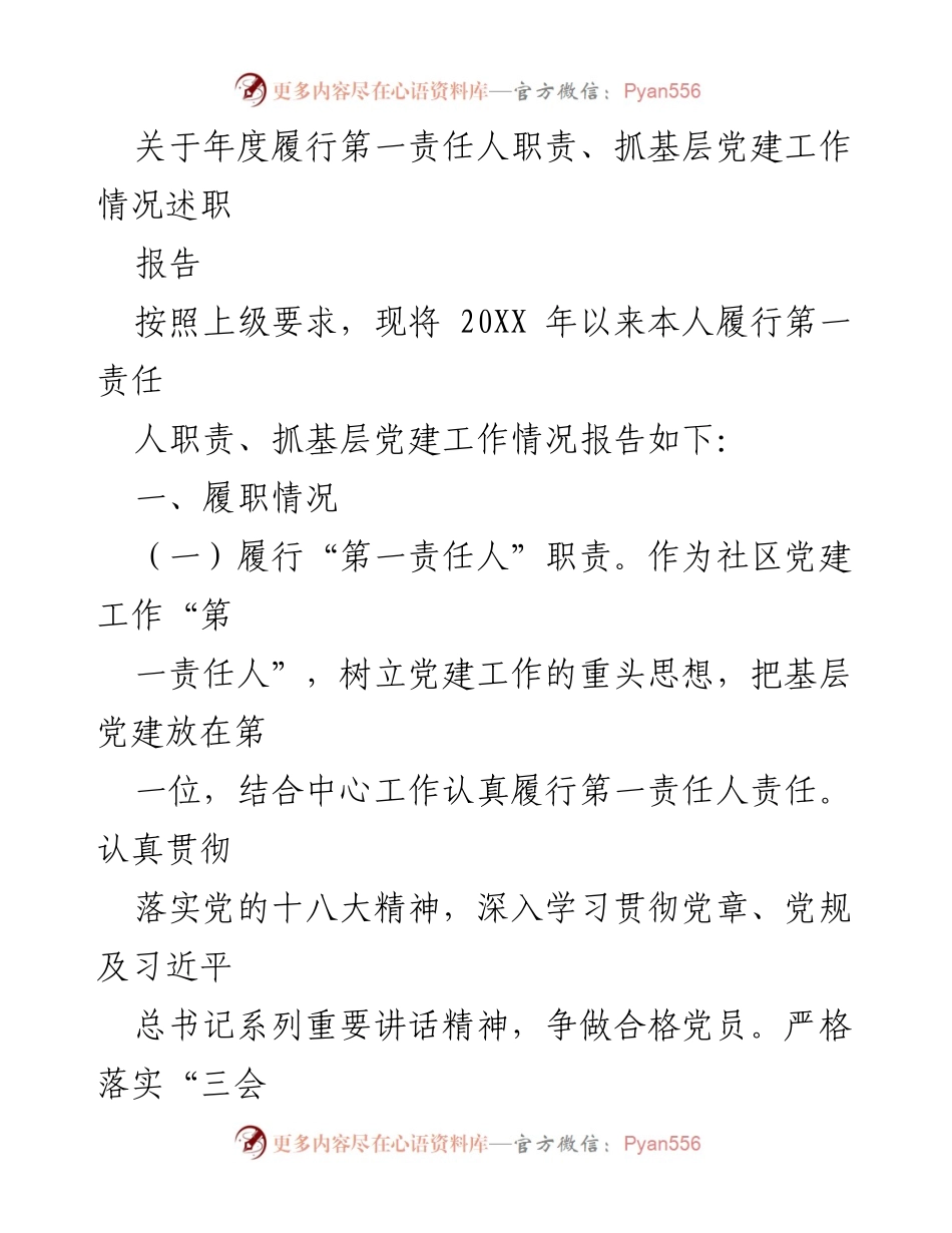 [述职报告] 年度党建工作总结 - 年度履行第一责任人职责及基层党建工作情况述职报告.docx_第1页