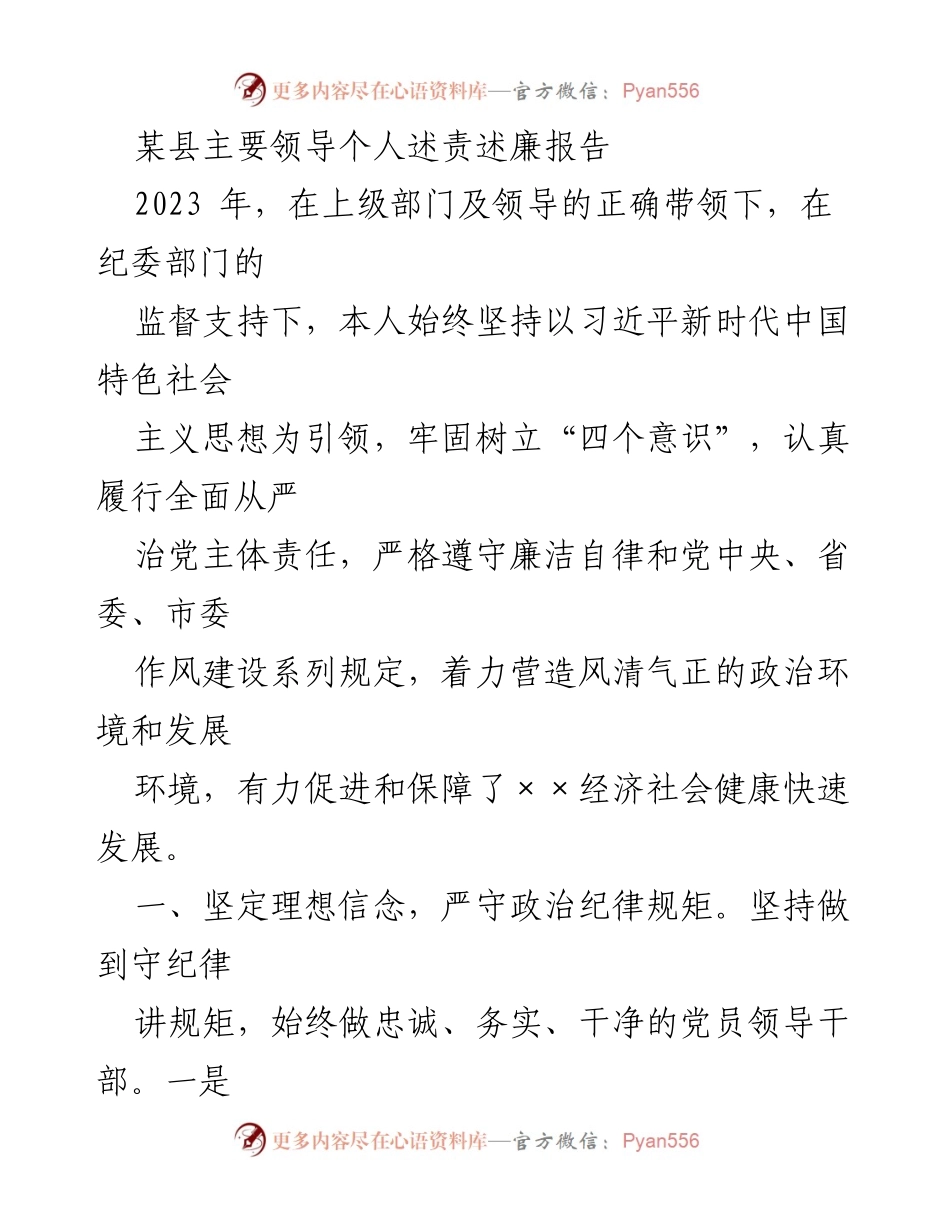 [述责述廉报告] 述责述廉 - 2023年某县主要领导述责述廉报告总结.docx_第1页