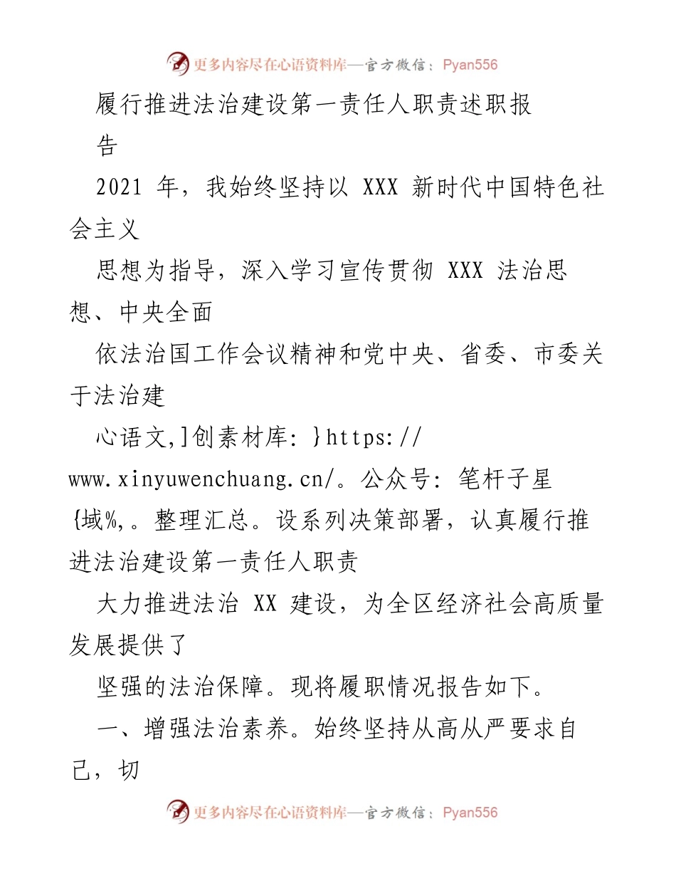 [述职报告] 法治建设 - 履行法治建设第一责任人职责的述职总结.docx_第1页