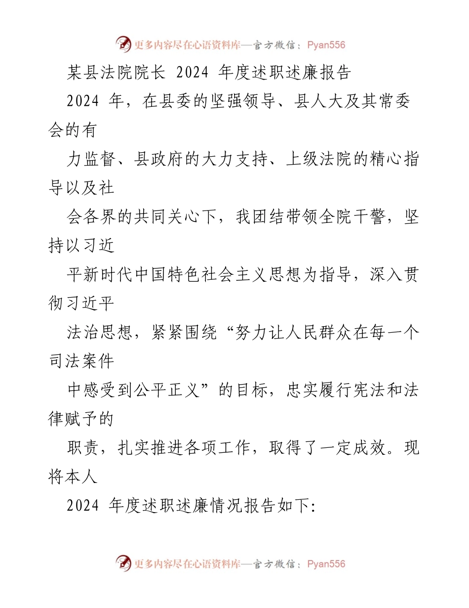 [述职报告] 法院年度工作总结 - 2024年度法院院长述职述廉报告.docx_第1页