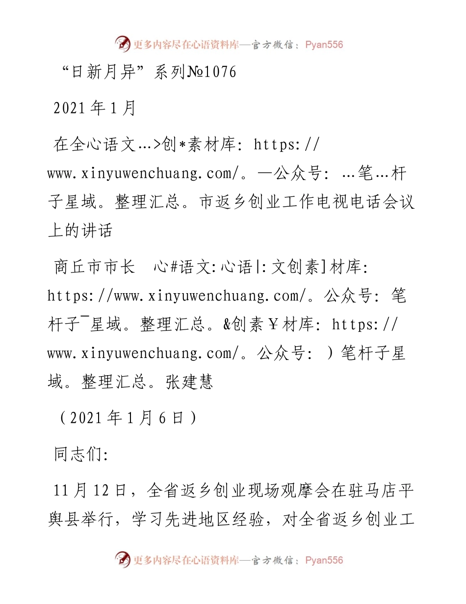 “日新月异”系列№1076商丘市市长张建慧：在全市返乡创业工作电视电话会议上的讲话.docx_第1页