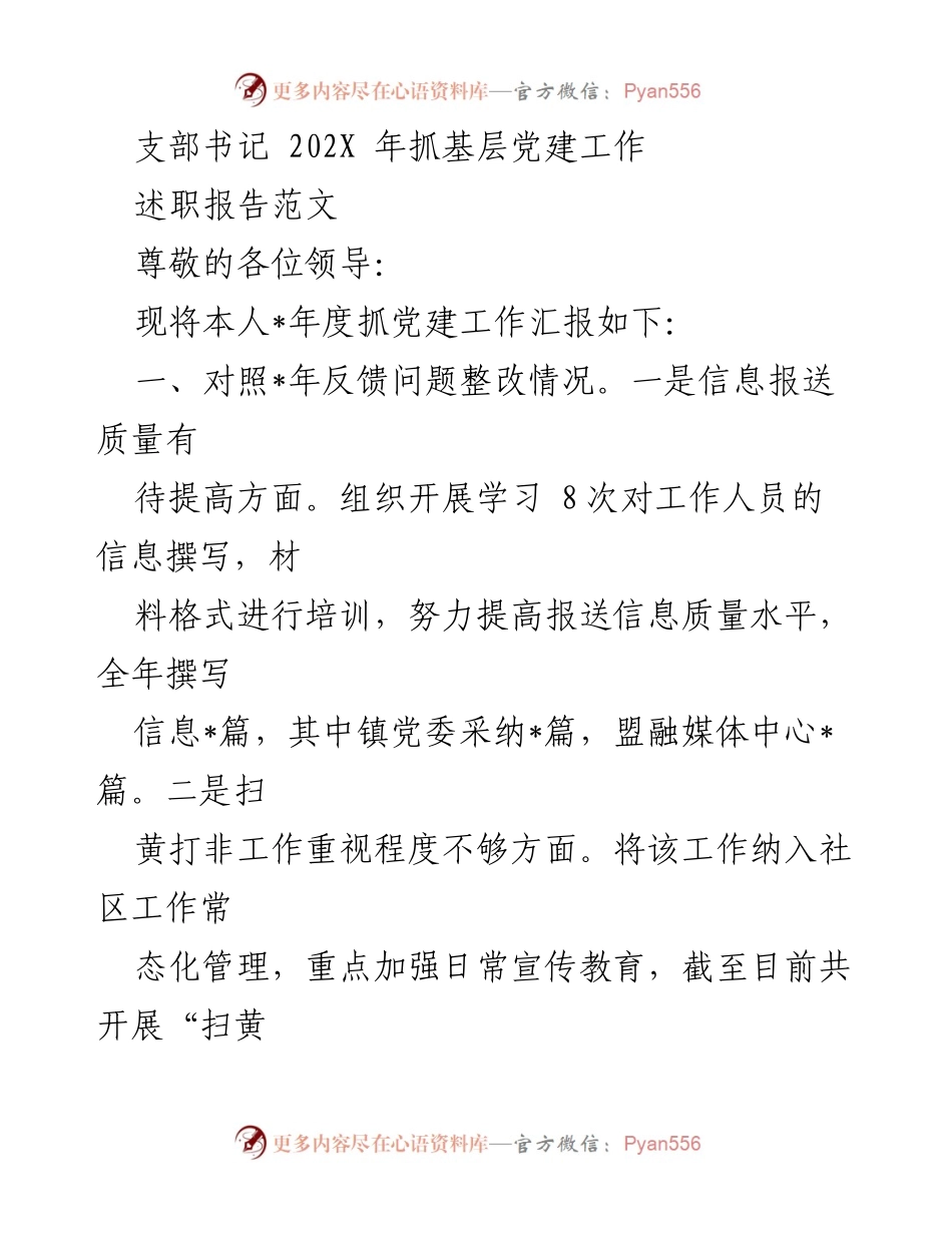 [述职报告] 基层党建工作会议 - 202X年支部书记党建工作述职报告.docx_第1页