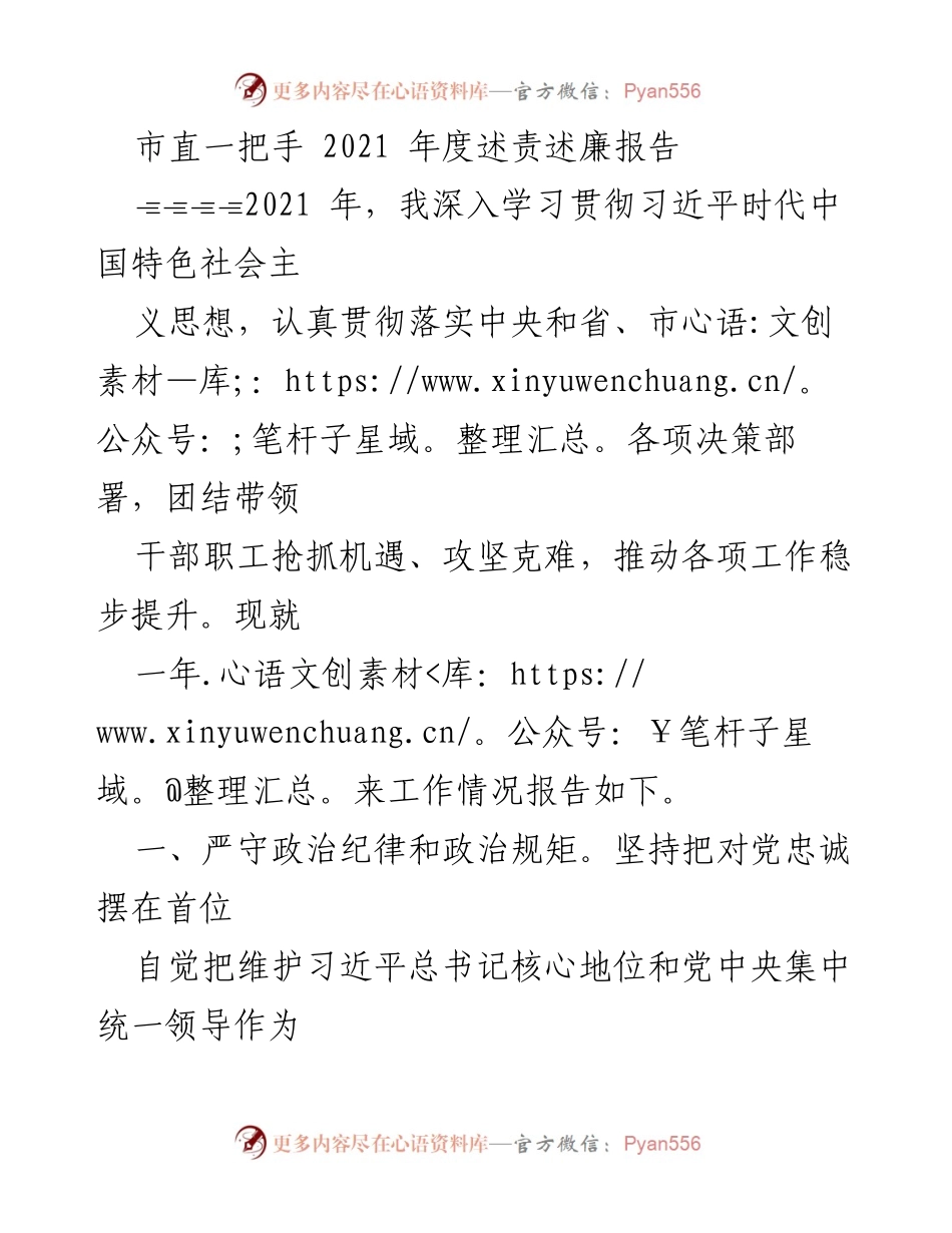 [述责述廉报告] 市直一把手年度工作总结 - 2021年度述责述廉报告总结与反思.docx_第1页