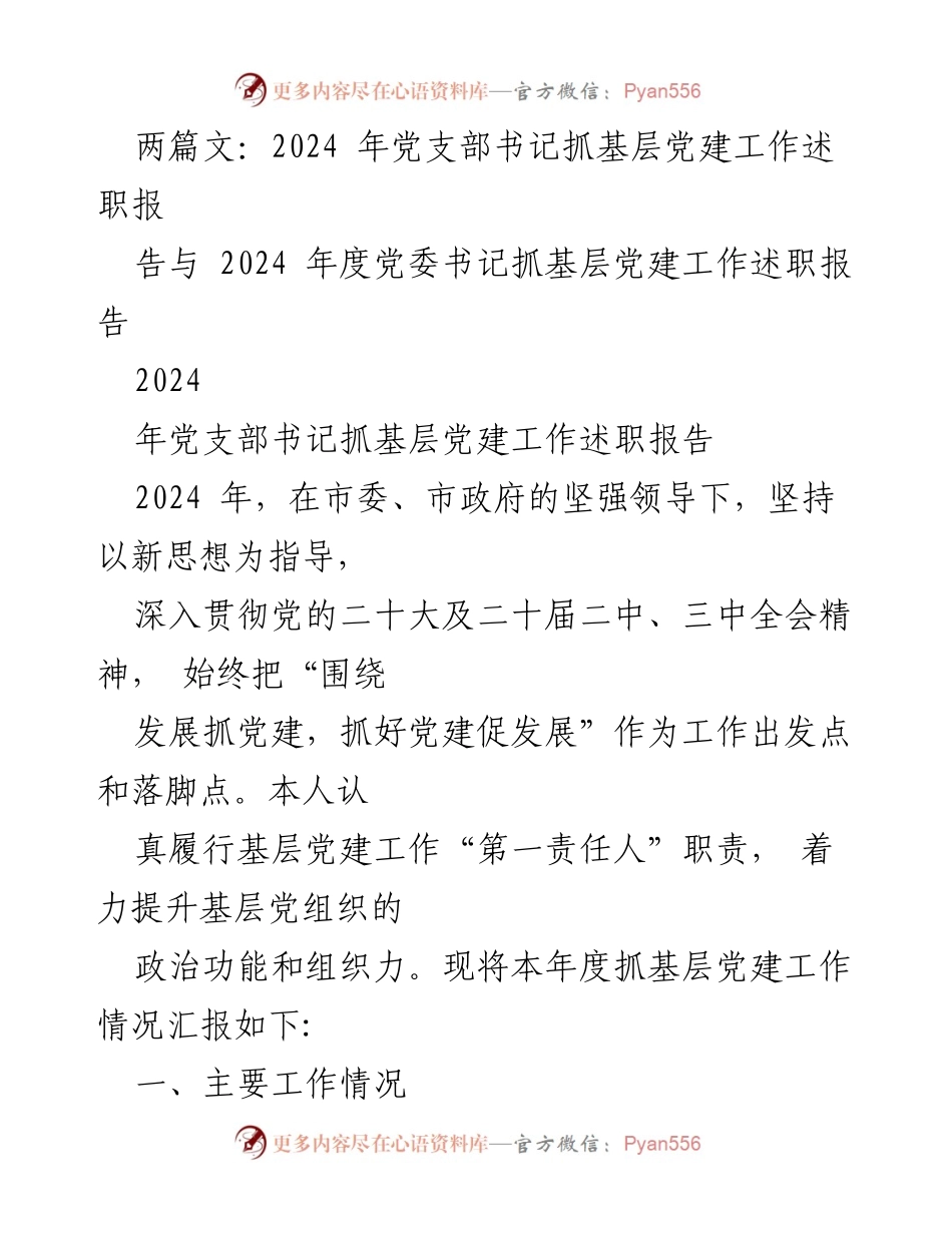 [述职报告] 基层党建工作 - 2024年度党支部书记抓基层党建工作述职报告.docx_第1页