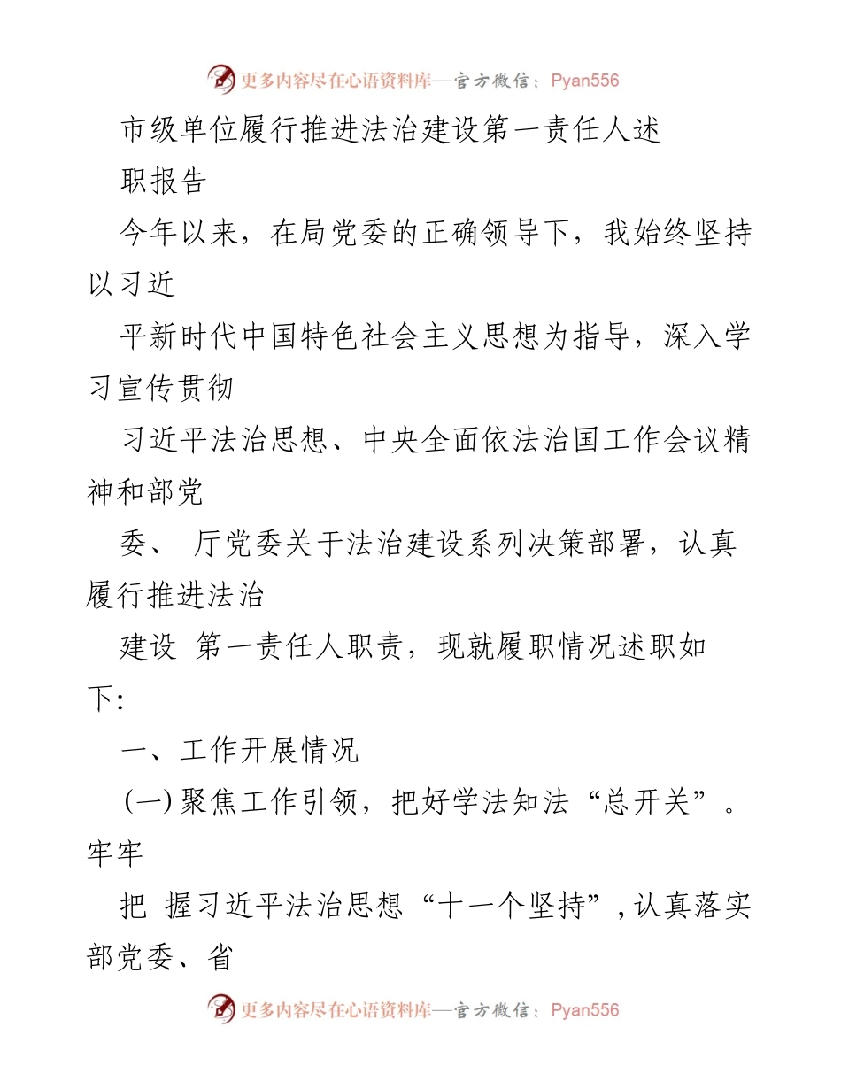 [述职报告] 市级单位法治建设 - 履行法治建设第一责任人职责述职报告.docx_第1页