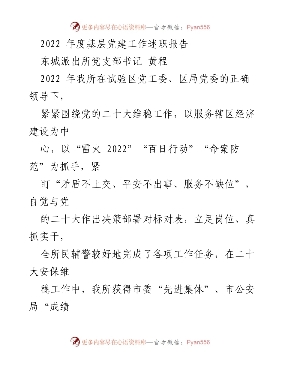 [述职报告] 基层党建工作 - 2022年度东城派出所党建工作述职报告.docx_第1页