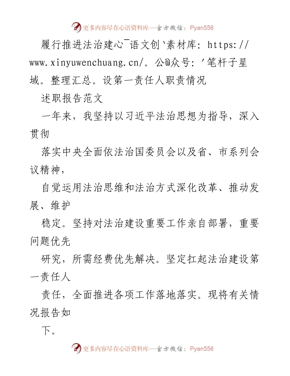[述职报告] 法治建设工作 - 履行法治建设第一责任人职责情况述职报告.docx_第1页