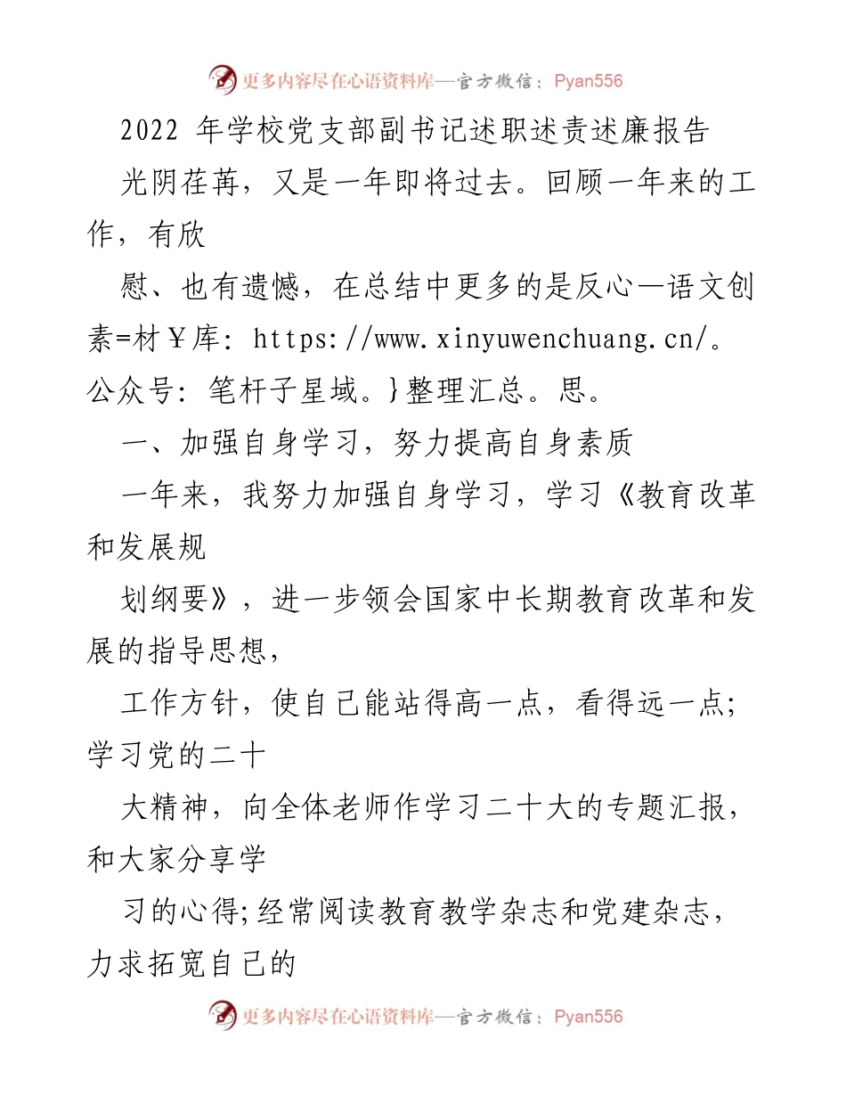 [述职报告] 学校党支部 - 2022年学校党支部副书记述职述责述廉总结报告.docx_第1页