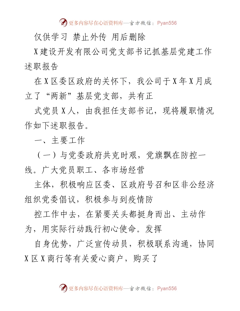 [述职报告] 基层党建工作 - X建设开发有限公司党支部书记述职报告.docx_第1页