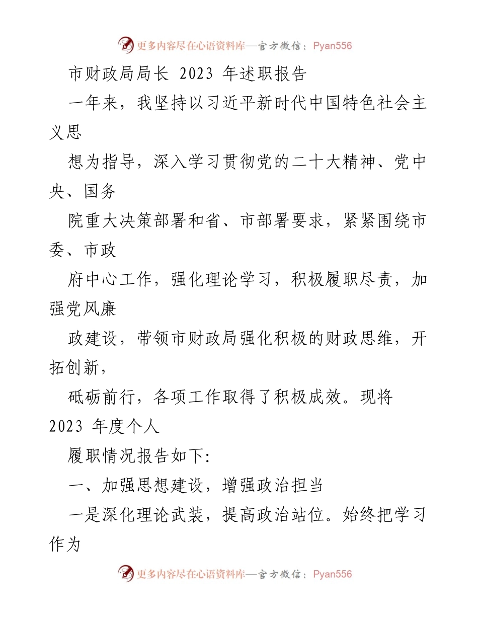[述职报告] 市财政局 - 2023年度市财政局局长述职总结.docx_第1页