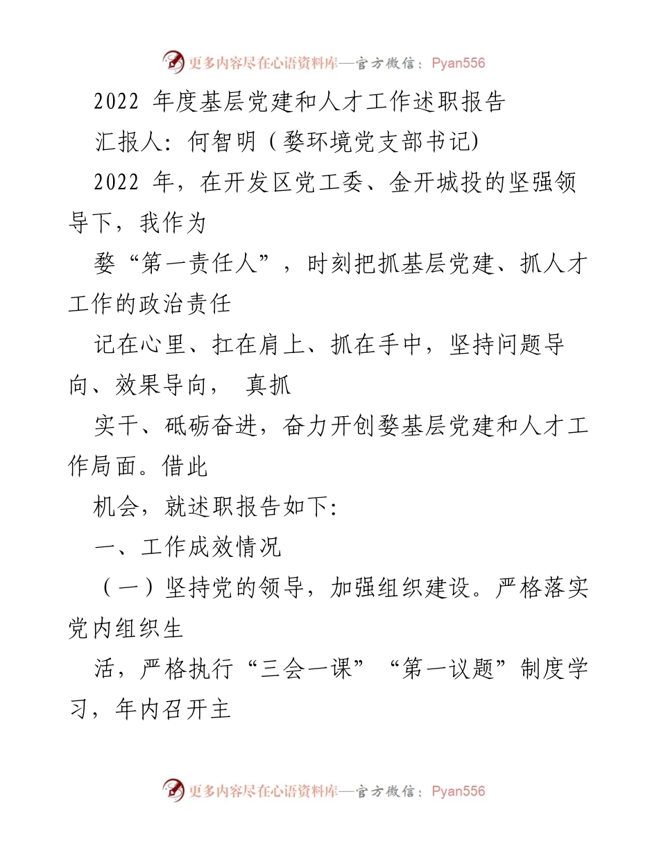 [述职报告] 年度工作总结 - 2022年度基层党建与人才工作述职报告.docx_第1页