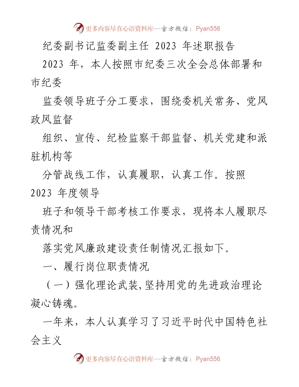 [述职报告] 纪委工作 - 2023年纪委副书记述职报告总结_1.docx_第1页