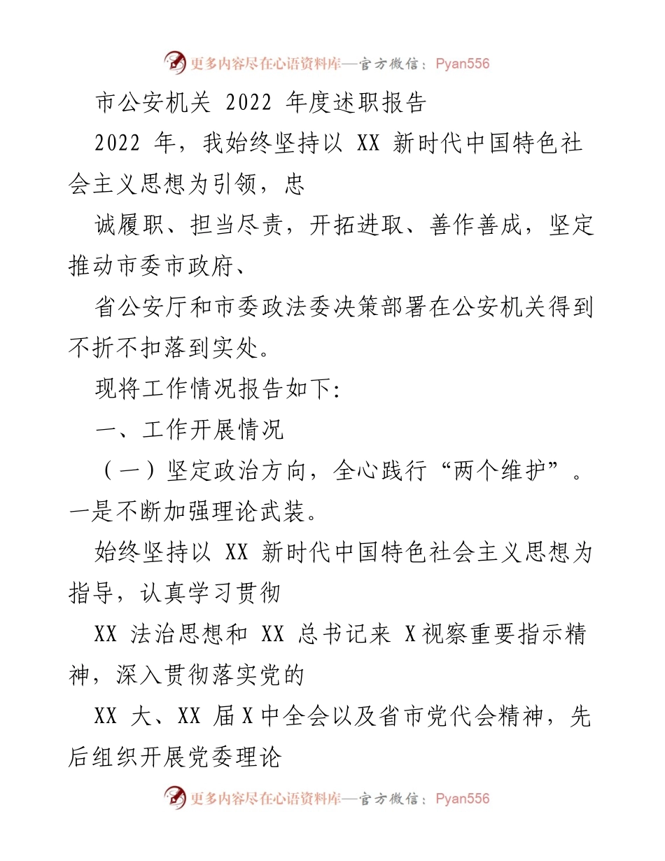 [述职报告] 市公安机关 - 2022年度工作总结与政治责任履行报告.docx_第1页