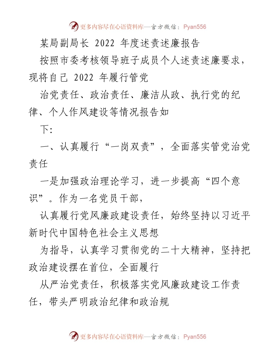 [述责述廉报告] 述责述廉 - 2022年度副局长履责与廉政建设总结.docx_第1页