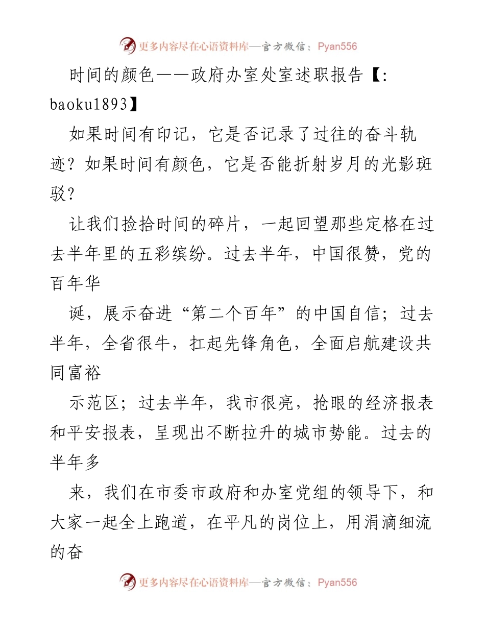 [述职报告] 政府办室 - 半年述职：时间的颜色与奋斗轨迹.docx_第1页