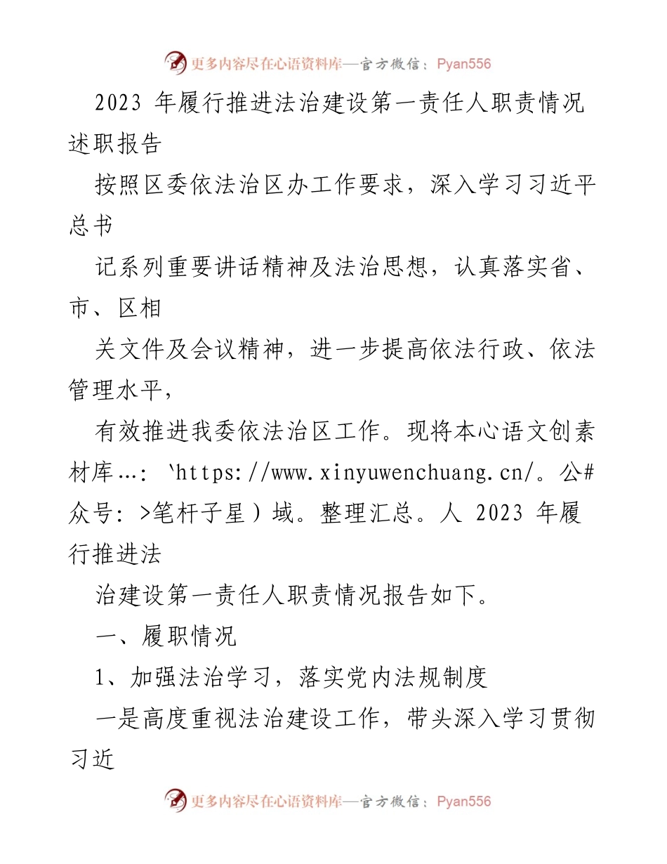 [述职报告] 法治建设 - 2023年法治建设第一责任人职责履行情况述职报告.docx_第1页
