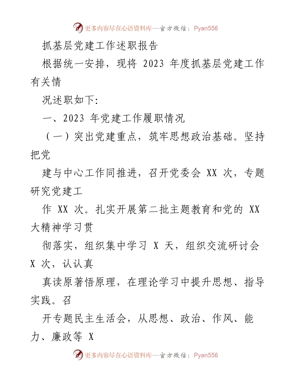 [述职报告] 基层党建工作 - 2023年度基层党建工作述职总结_2.docx_第1页